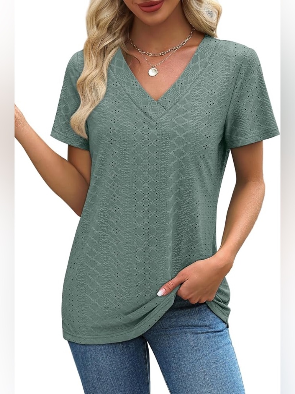 Sampeel Sage Green V-Neck Eyelet Top Size Large